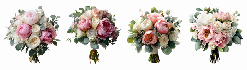 Bridal bouquets of pink and white peonies, roses and eucalyptus leaves on a clean white background, elegant romantic floral arrangements for weddings and special events © Narin