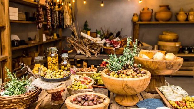 A rustic display of gourmet food items, including olives, cheeses, and cured meats, arranged on a wooden table.