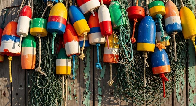 Colorful buoys and fishing net hang on a weathered wooden wall.