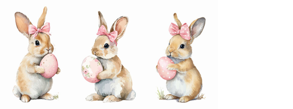 Three hand painted baby bunnies in pink bow headbands, each holding a pastel easter egg, soft watercolor style evokes spring joy, innocence, and festive nursery charm