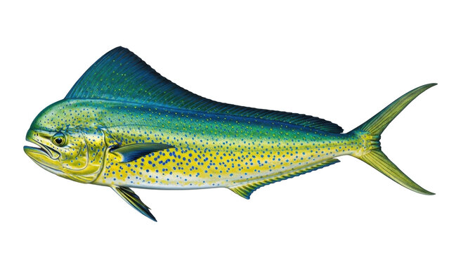 Isolated mahi mahi, a dolphin fish, colorful marine wildlife artwork, no background