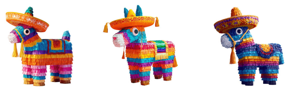 Three colorful donkey pi&ntilde;atas in traditional Mexican sombrero hats isolated on transparent background