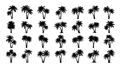 A collection of black palm tree silhouettes on a white background isolated on white background, Vector © Bipul