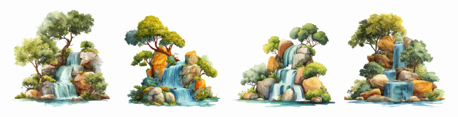 Watercolor painting depicting multiple serene waterfall landscapes, showcasing water flowing over rocks, green trees, and natural elements, creating a peaceful scene © Narin
