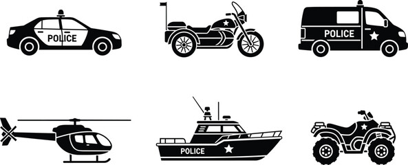 Police Vehicles Silhouette Vector Set, Patrol Car, Motorcycle, Van, Helicopter, Boat and ATV Law Enforcement Collection © MstMorshida
