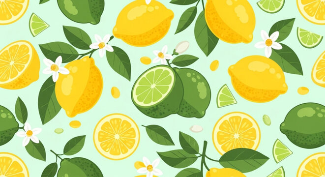 Bright Lemon and Lime Citrus Pattern with Leaves and Blossoms in Yellow and Green Seamless Flat Vector