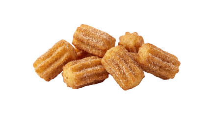 Small golden churros sprinkled with sugar and cinnamon isolated object transparent background