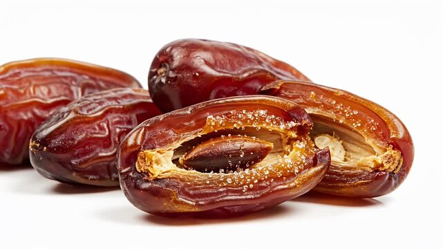 Sweet dried dates with one cut open on white background