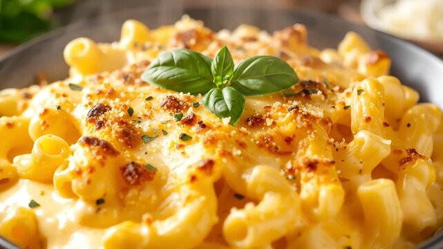 Delicious homemade macaroni and cheese with a crispy breadcrumb topping, served in a bowl.