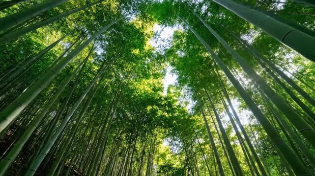 Lush green bamboo forest with sunlight streaming through the canopy, creating a serene and natural background.