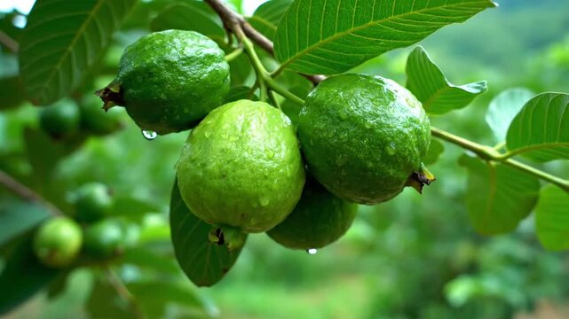 Fresh green guavas with water drops hanging on tree branch