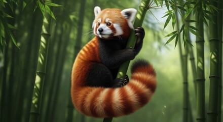 Fototapeta premium Red Panda Clinging to Bamboo Branch in Forest