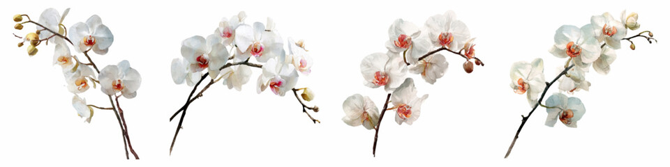 Obraz premium White phalaenopsis orchids blooming on branches with elegant petals and delicate blossoms, creating a fresh floral arrangement isolated on a clean background
