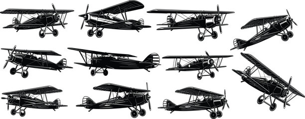 Vintage biplane aircraft collection set, retro propeller airplane engraving style vector illustration isolated on white background © Mostafizar