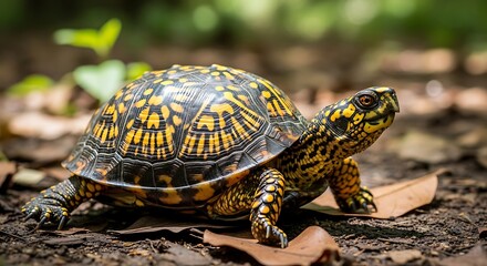 Naklejka premium A patterned reptile walks on the forest floor among fallen leaves.