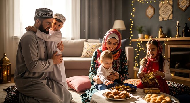 Muslim family enjoys a joyous Eid al-Fitr or Eid al-Adha celebration together, sharing traditional sweets and opening gifts in their warm, decorated home.