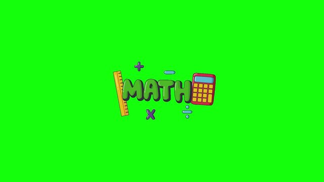 Looping 2D animation of a playful &lsquo;MATH&rsquo; title with bold green bubbly letters, surrounded by floating math symbols (+, &ndash;, &times;, &divide;) and tools centered on bright green chroma key background.