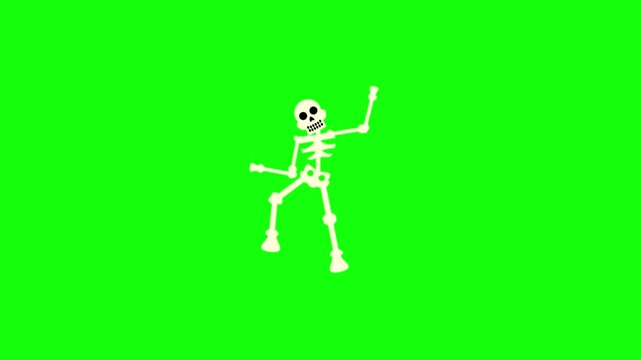 Looping 2D animation of a cartoon skeleton dabbing &mdash; one arm raised high, the other bent at the elbow, legs in a dynamic pose, bones subtly bouncing centered on bright green chroma key background.