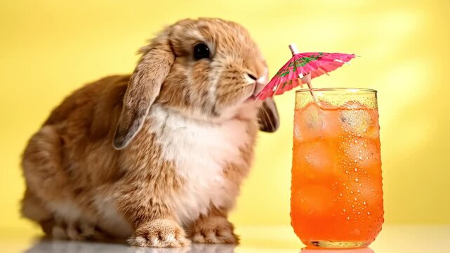 Curious rabbit engages with vibrant orange drink garnished with umbrella on sunny yellow background