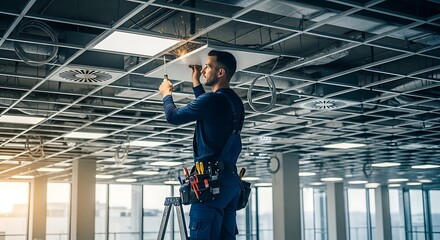 Fototapeta premium Professional Electrician Installing LED Panel Light in Modern Office Drop Ceiling, Maintenance Technician Working on Commercial Building Infrastructure