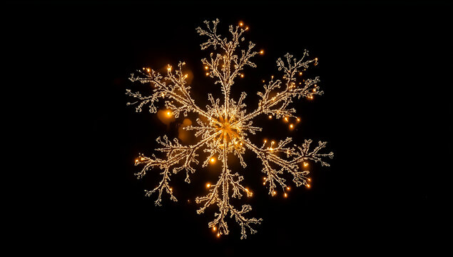 a glowing yellow firework in the shape of a snowflake against a black background, with low lighting, photorealistic, hyperrealistic, shot with a sony alpha a7 iii. 