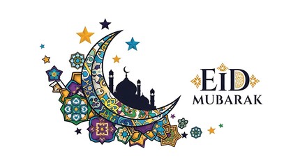 Eid Mubarak greeting features an ornate crescent moon with mosque silhouettes and colorful geometric patterns, symbolizing Islamic celebration.