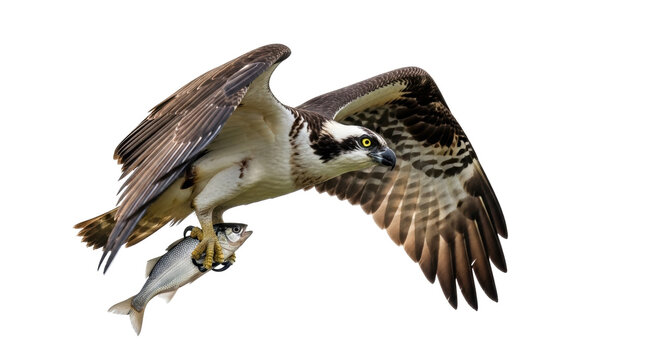Isolated Osprey with fish in talons soaring in the sky, bird of prey, hunting in nature