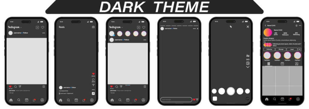 Instagram Dark Theme UI/UX Design for Mobile App - Smartphone Screens