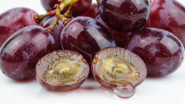 Washing fresh red grapes with water, some cut in half