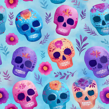 Seamless watercolor pattern of colorful sugar skulls with floral decorations and leafy sprigs on a light blue background, festive Day of the Dead design.