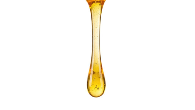 Isolated drop of honey dripping downward, golden color of organic syrup, golden fluid, natural