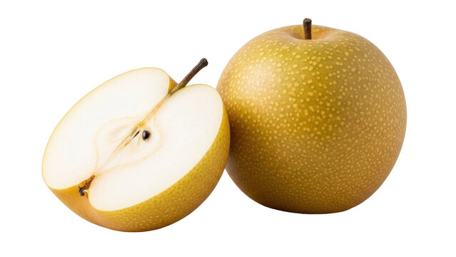 Isolated Asian pear fruits, Pyrus pyrifolia cut in half, ready to be served as dessert