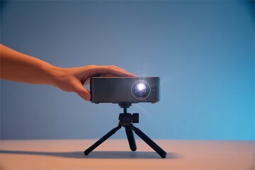 hand start a projector with glowing light. Begin presentation session