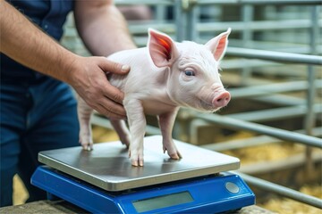 Piglet stand on scale in livestock farm. Animal weight monitor