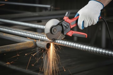 Worker cut steel rebar with angle grinder. Construction fabrication