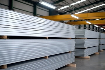 Stack of metal sheets in industrial warehouse. Manufacturing material storage