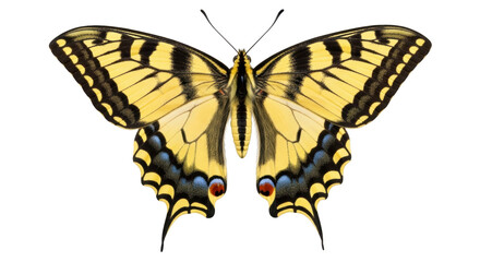 Isolated yellow butterfly with black stripes and blue spots wings spreads, against nothing © Marigold