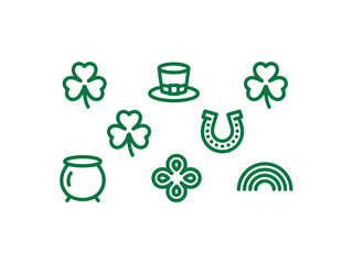 Fototapeta premium Collection of small green line icons featuring a pot of gold, horseshoe, and shamrocks relates to Irish celebration motifs.