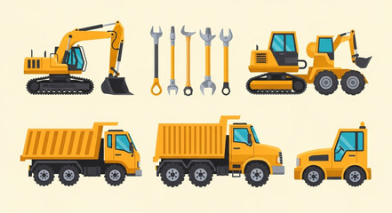 Construction vehicles and tools illustration set.