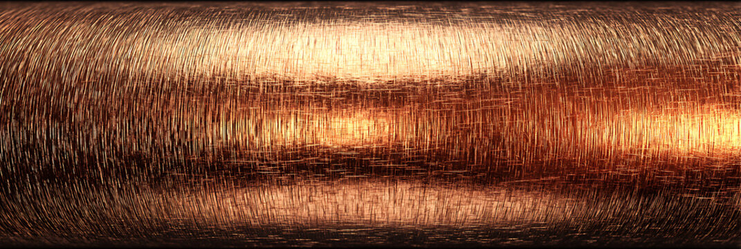 Stunning Copper Metal Surface with Rich, Warm Tones and Detailed Brushed Texture, Capturing Light Reflections for Industrial, Technological, and Abstract Backgrounds