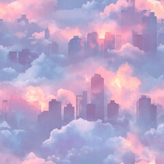 Fototapeta premium Dreamy seamless background of a city skyline floating among fluffy clouds in pastel pink, lavender, and blue tones, creating a surreal urban fantasy atmosphere.