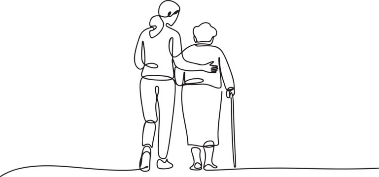 Continuous one line drawing back view, caregiver woman guiding old grandmother walking. A stick is a walking aid. Devotion. Caregiver Appreciation Day. one line Icon drawing