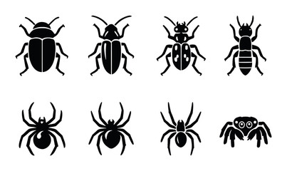 Beetle and spider icon set arranged on dark textured background