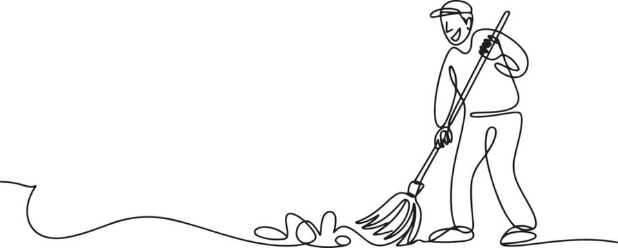 Single one line drawing trash man cleaning trash with broom. Enthusiasm about working to maintain the cleanliness and beauty of nature. Reduce pollution. one line Icon drawing