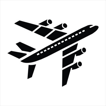 Modern black silhouette of a four-engine jet airplane in flight, symbolizing air travel and business.