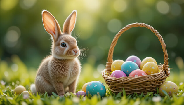Easter greetings card background with Easter bunny, springtime flowers and eggs.