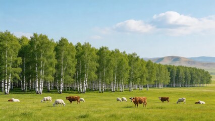 Grazing Sheep and Cattle on Green Summer Grassland with Birch Forest
