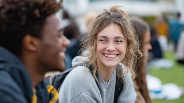 Candid outdoor portrait of a smiling teen girl on a campus lawn chatting with a friend, shallow depth of field and lively student crowd blurred in background.