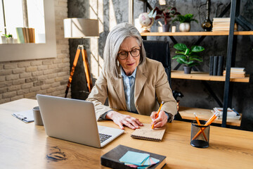 Busy entrepreneur working in office browsing laptop. Serious businesswoman using computer writing...