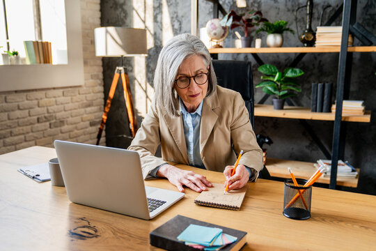 Busy entrepreneur working in office browsing laptop. Serious businesswoman using computer writing in copybook at modern workplace. Elegant woman manager developing investment project indoors.